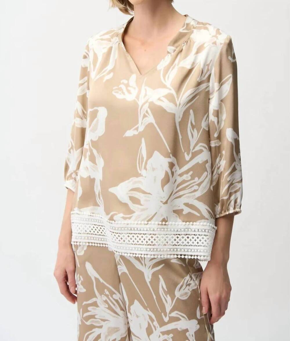 NEW JOSEPH RIBKOFF satin floral 3/4 sleeve lace hem top in beige/vanilla